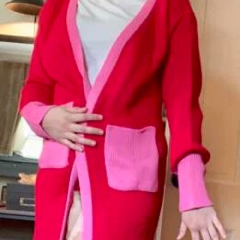 knit Open Front Colorblock Pocketed Cardigan Pink Red - Picture 9 of 10